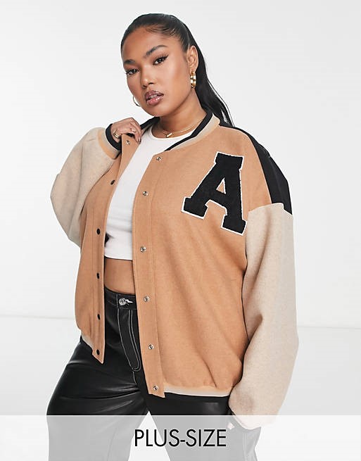 In The Style Plus contrast oversized varsity bomber jacket in camel